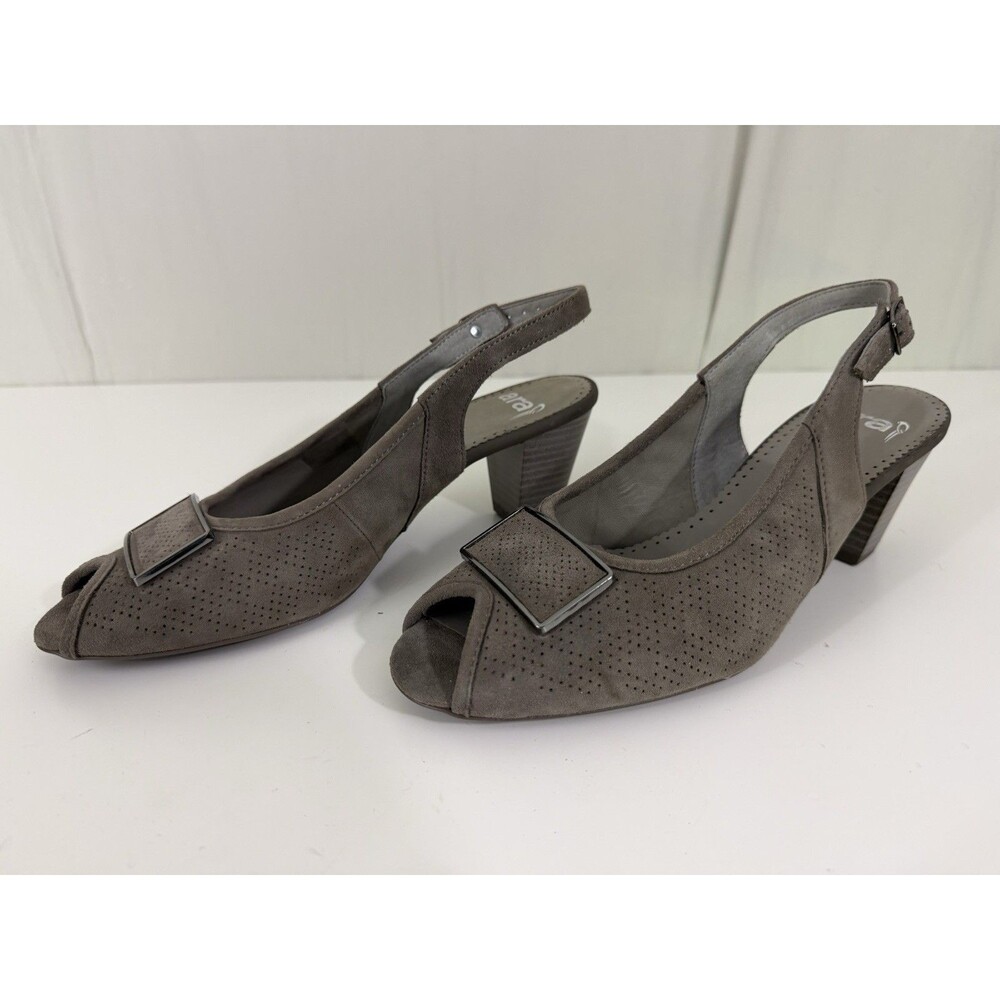 Ara Luftpolster Women’s Gray Suede Slingback Peep Toe Heel Sandals Sz 6.5 Buckle